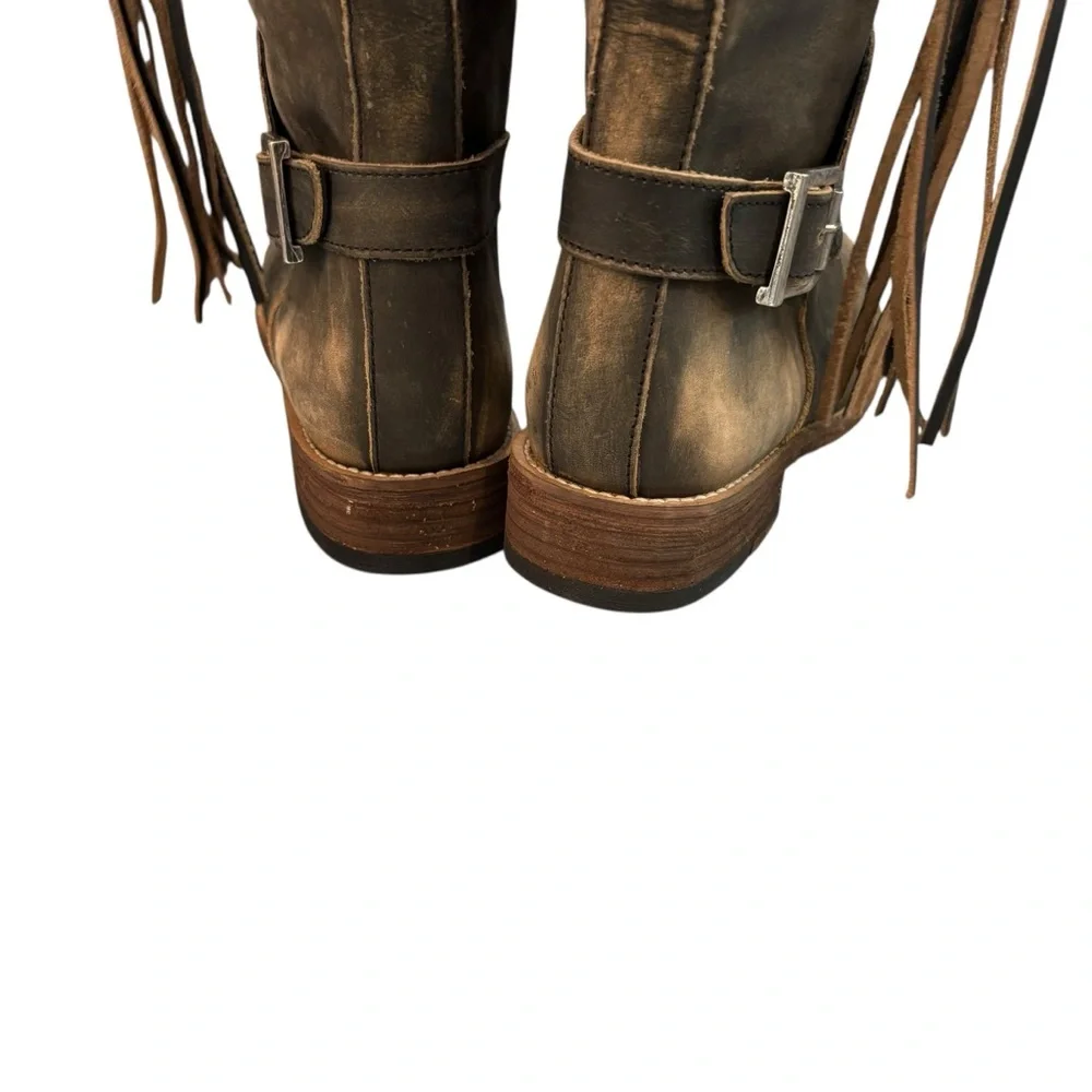 Very Volatile Rainstorm Knee High Tan Boots Tall Leather Boots With Fringe